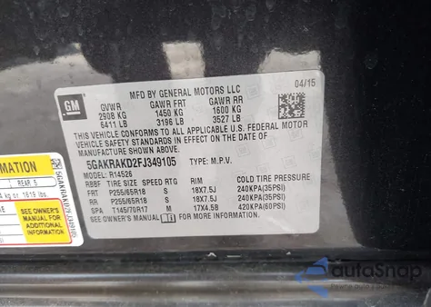 2015 Buick Enclave Convenience from USA, damaged, VIN 5GAKRAKD2FJ349105